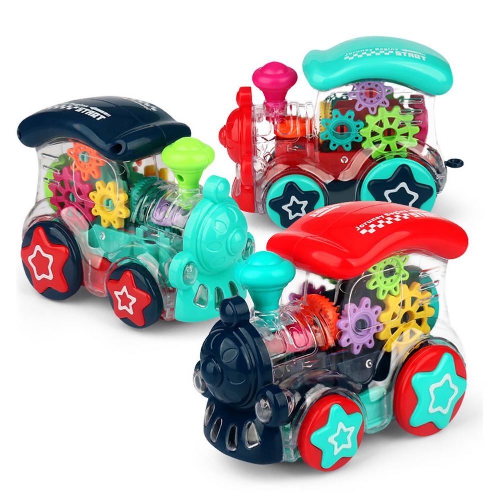 전기 투명한 기차 장난감 음악과 함께 작은 기차 다채로운 조명 기어 회전 기차 장난감 선물 어린이 새해
